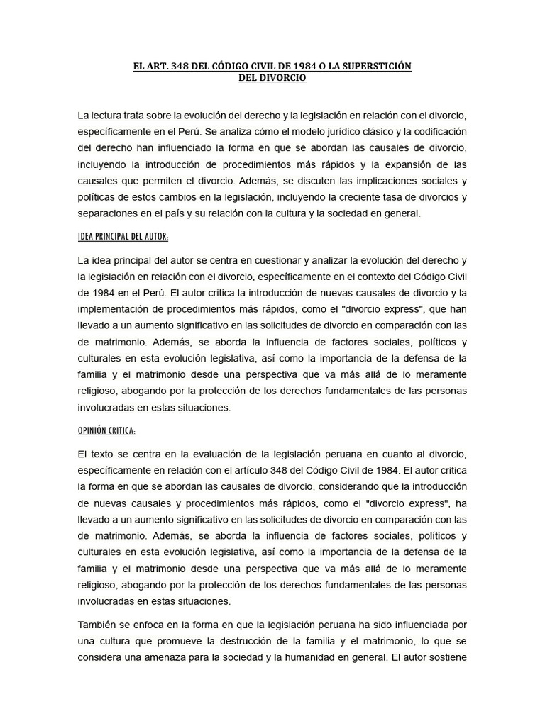 Crítica al Art. 348 del Código Civil Peruano | PDF | Divorcio | Familia