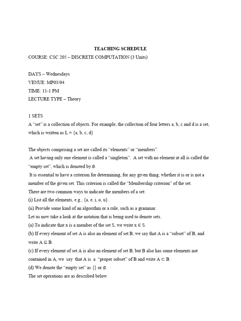 CSC 205 Lecture Notes | PDF | Set (Mathematics) | Empty Set