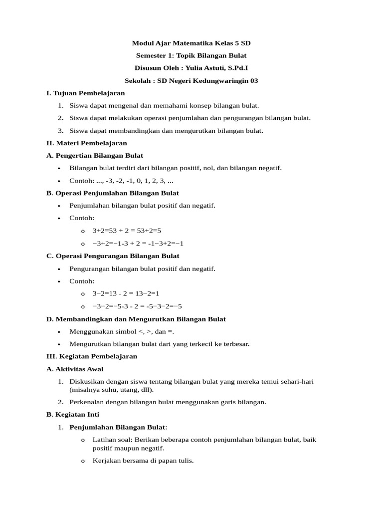 Modul Ajar Bilangan Bulat Kelas 5 SD | PDF