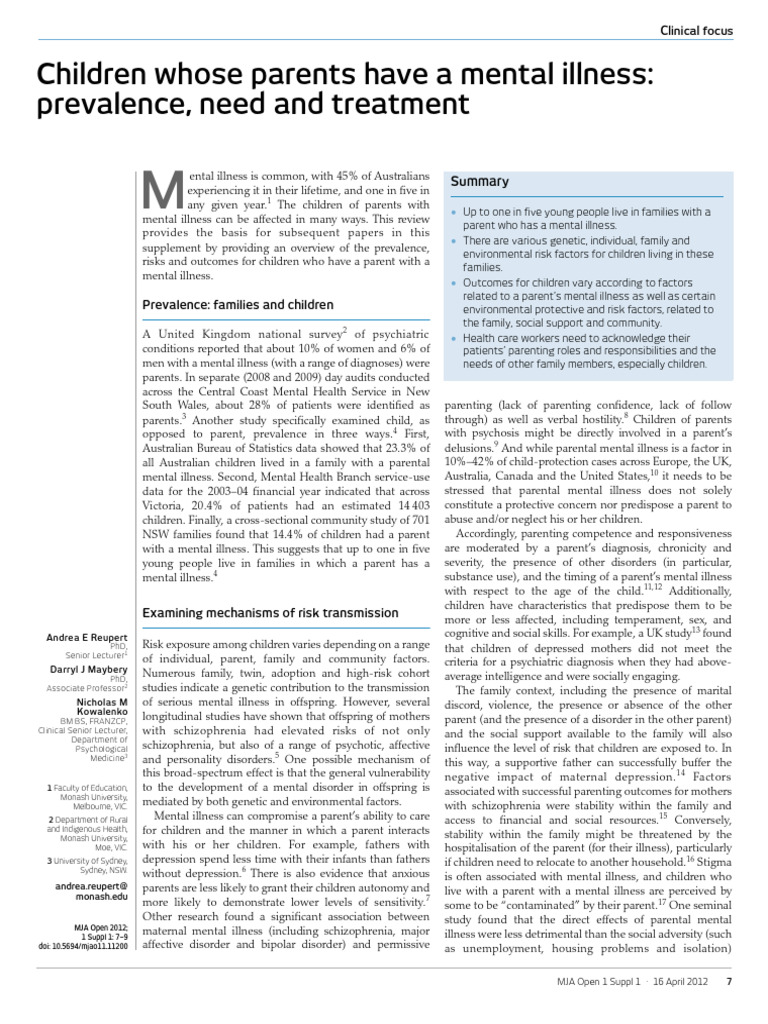 Children Whose Parents Have A Mental Illness Prevalence, Need and ...