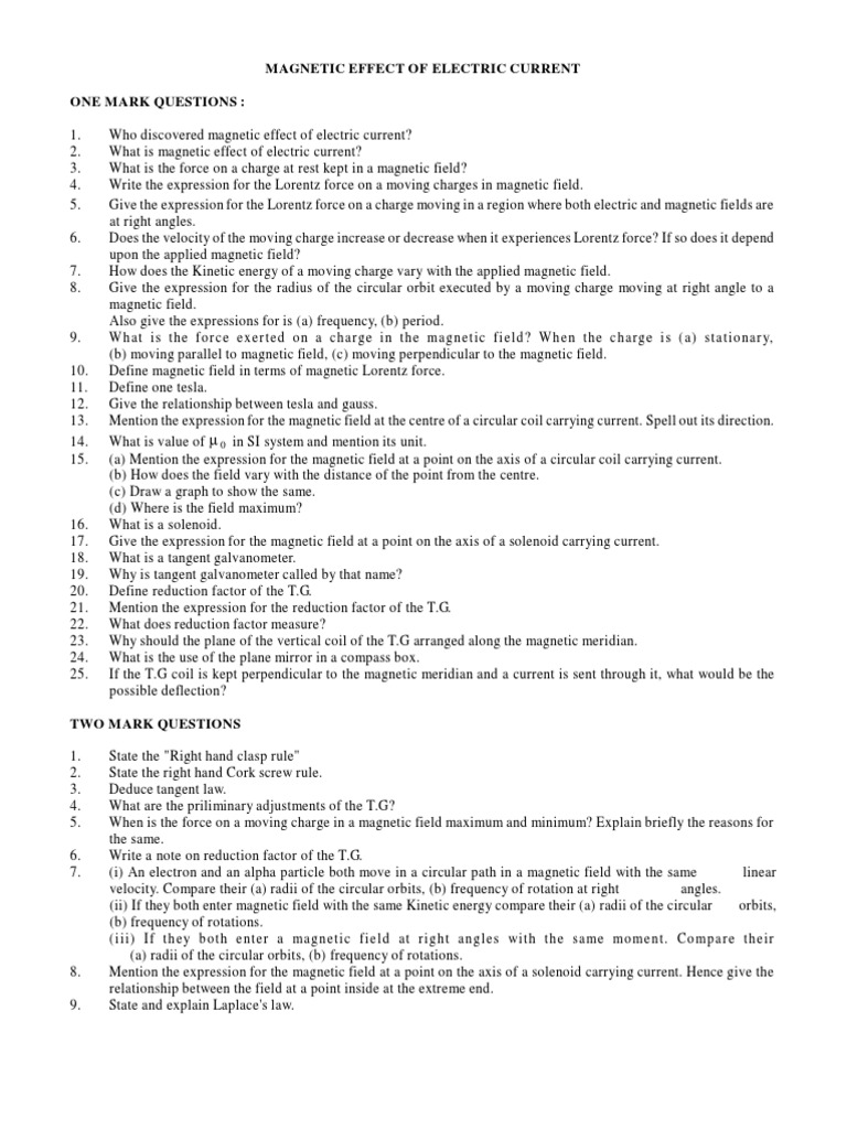 Magnetic Effect of Electric Current Questions | PDF | Magnetic Field ...