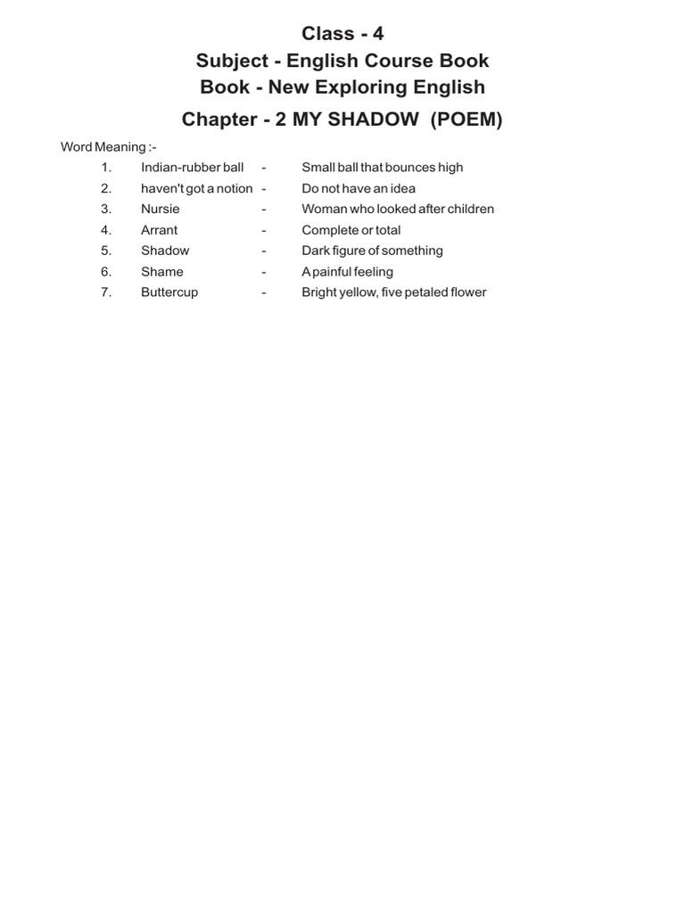 Class 4 Subject English Course Book Chapter 2 My Shadow Poem Word ...