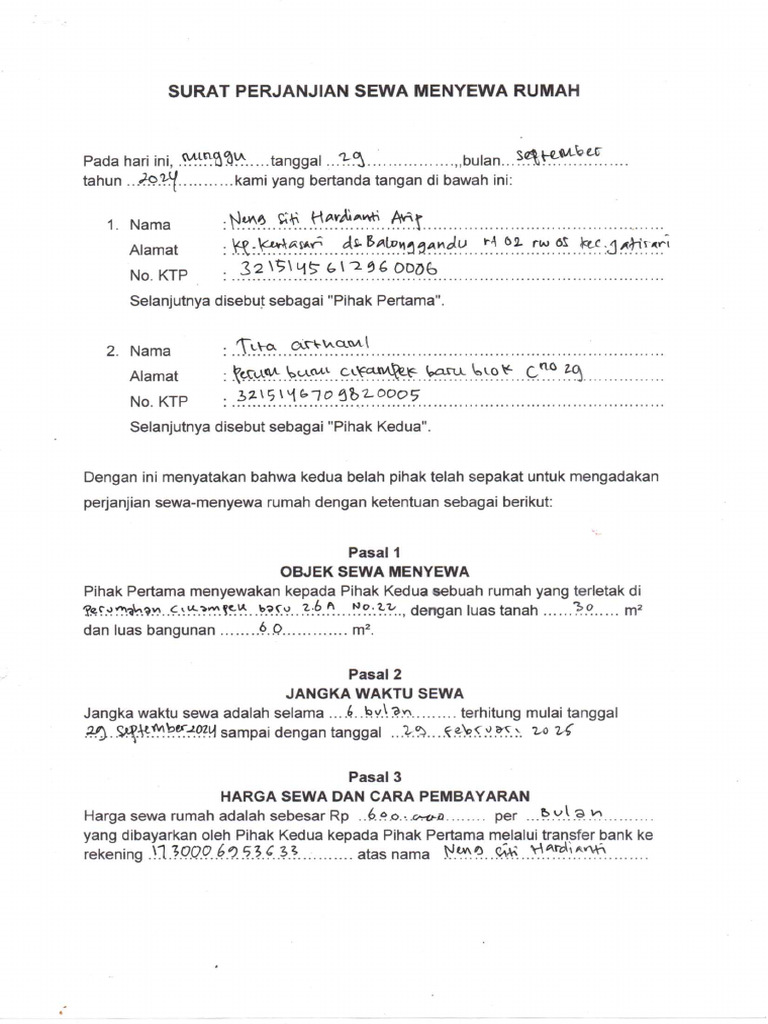 Surat Perjanjian Sewa Menyewa Rumah | PDF