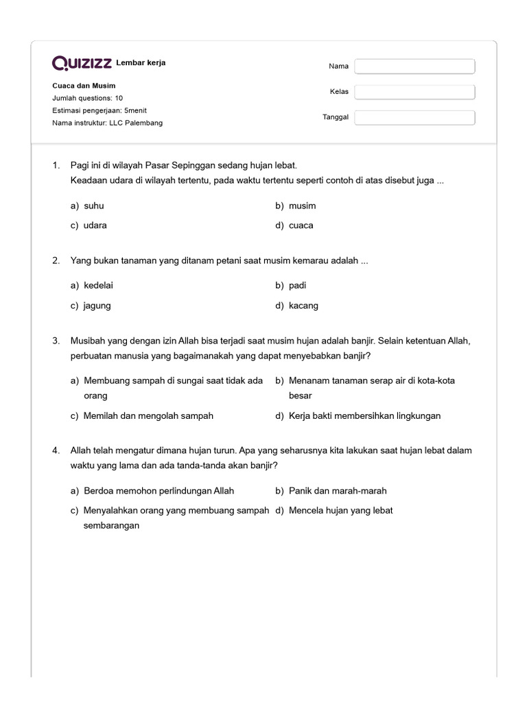 Lembar Kerja Cuaca dan Musim | PDF