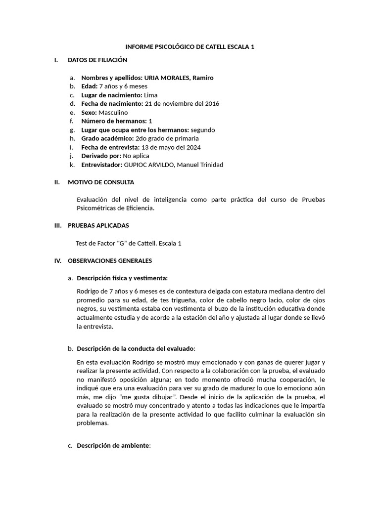 Informe Psicológico de Inteligencia Infantil | PDF | Cociente de ...