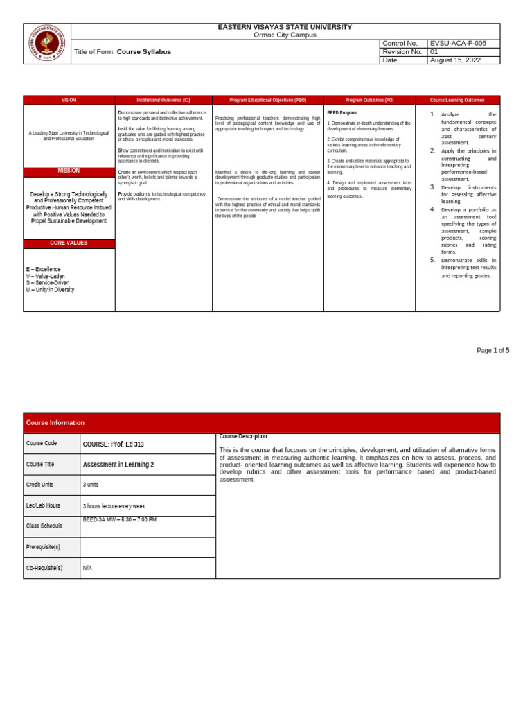 Course Syllabus for Assessment in Learning 2 | PDF | Educational ...