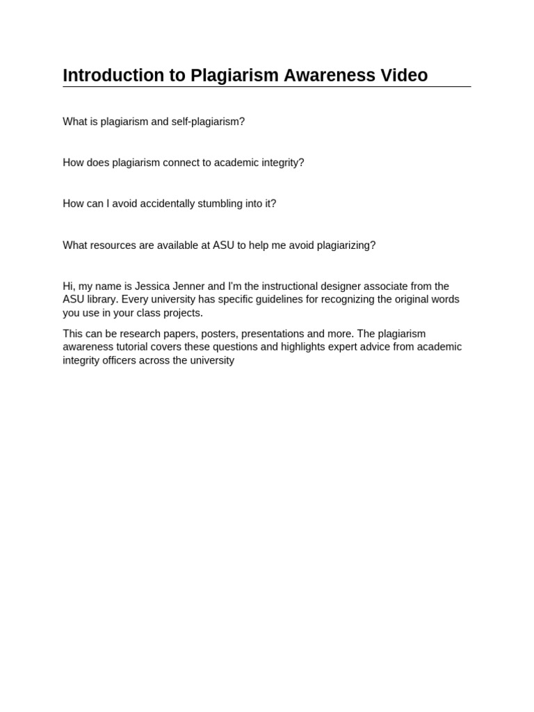 Introduction To Plagiarism Awareness Video Script | PDF
