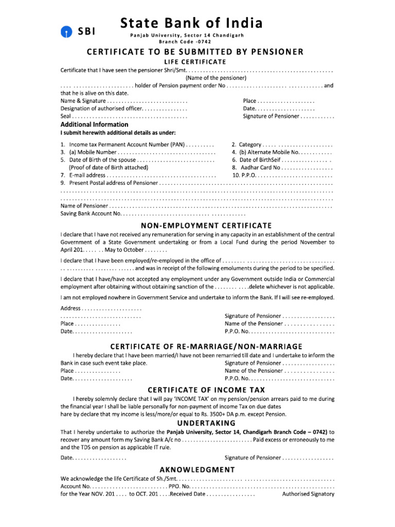 Life Certificate Format PDF