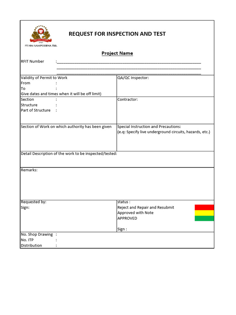 Request for Inspection and Test Form | PDF