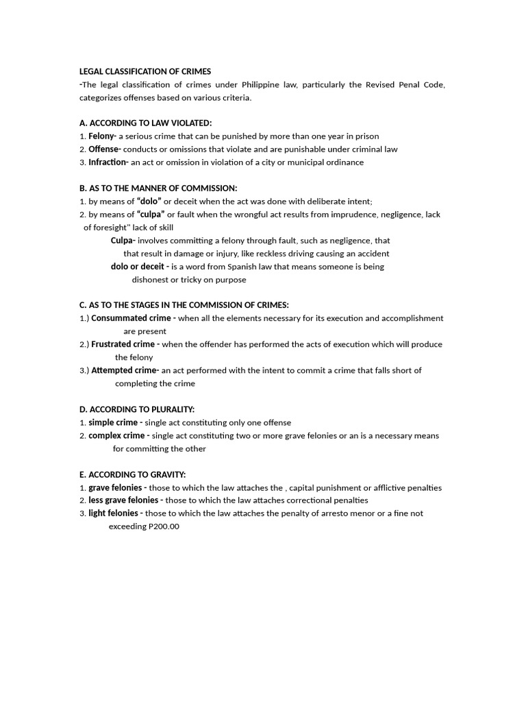 Legal Classification of Crimes Hand Outs | PDF