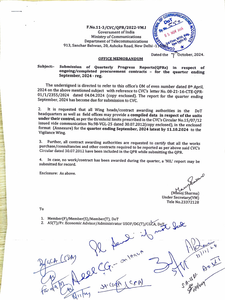 QPR Submission Guidelines for DoT | PDF | Government Of India