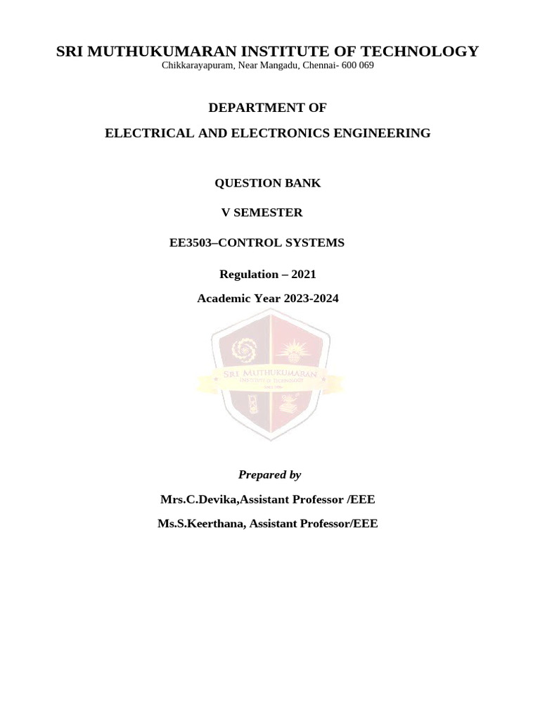 EE3503 Control Systems Question Bank | PDF | Control Theory | Feedback