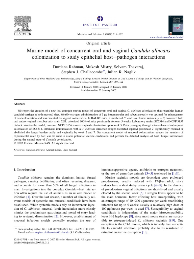 Murine Model of Concurrent Oral and Vaginal Candida Albicans | PDF ...