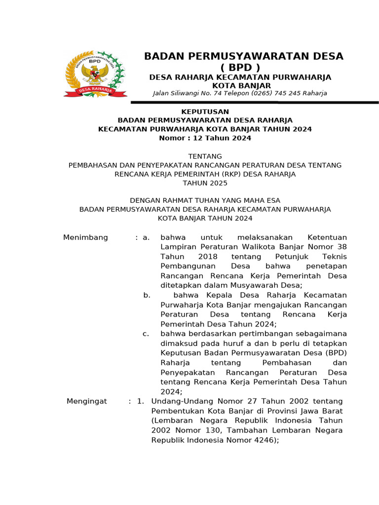 Rancangan RKP Desa Raharja 2025 | PDF