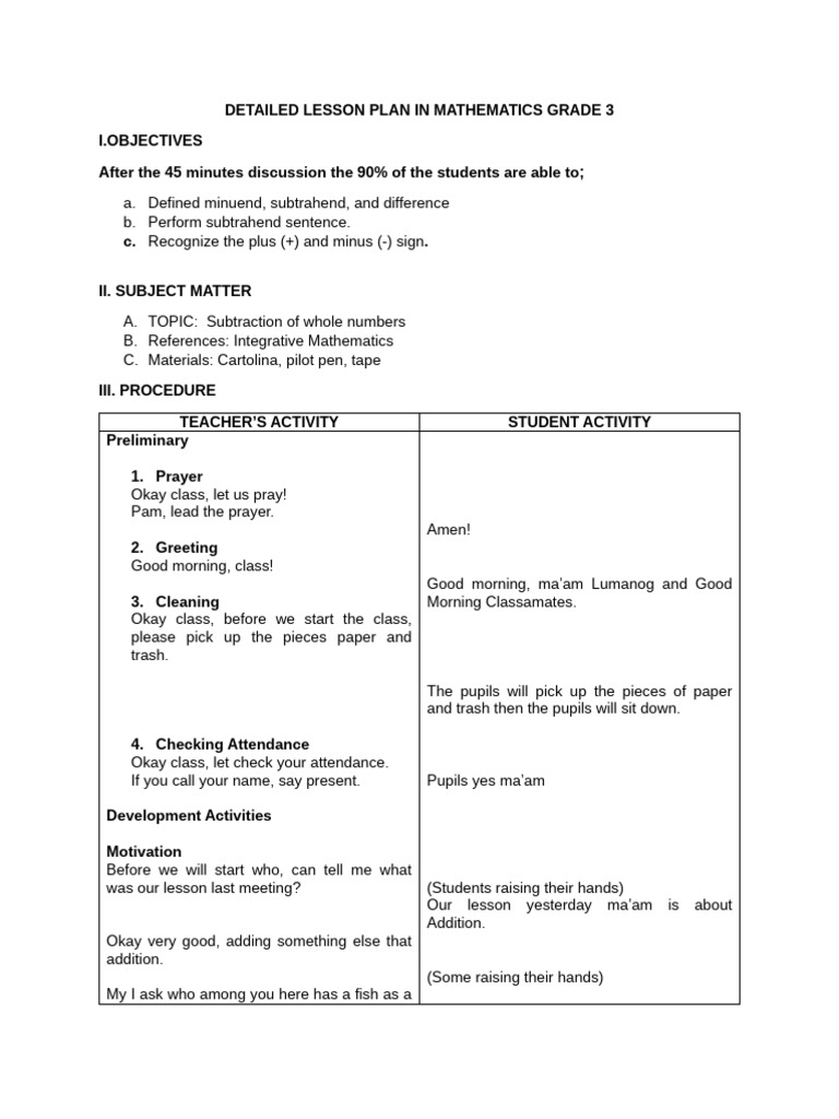 Grade 3 Subtraction Lesson Plan | PDF | Subtraction | Elementary ...