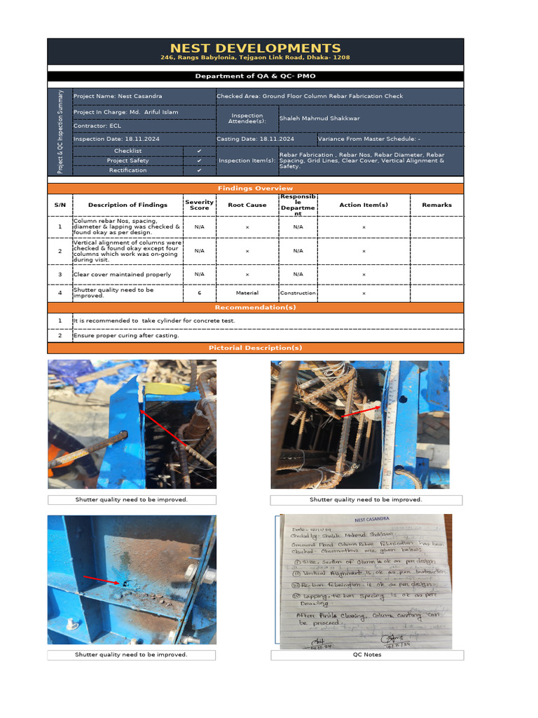 Ground Floor Column Rebar Inspection | PDF