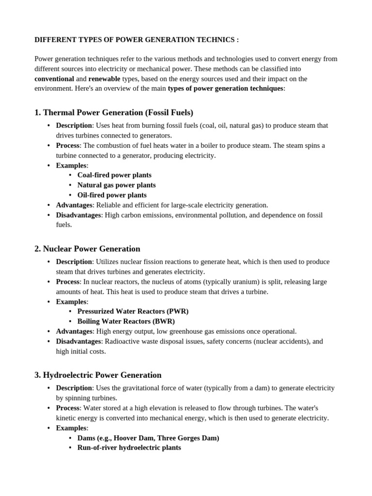 Power Generation Techniques Overview | PDF | Electricity Generation ...