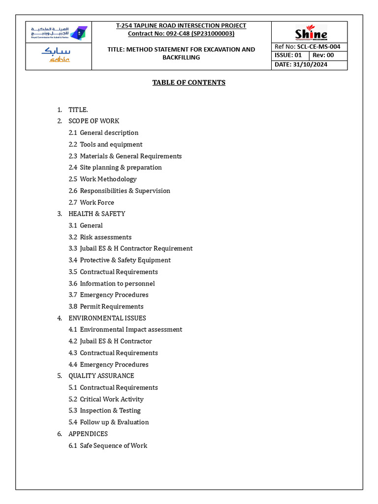 Excavation and Backfilling Method Statement | PDF | Technology ...