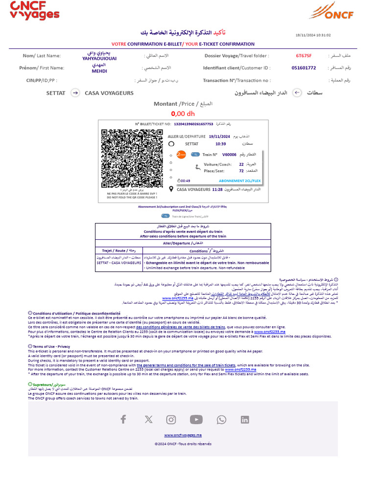 Réservation ONCF 49 DH 2024 | PDF