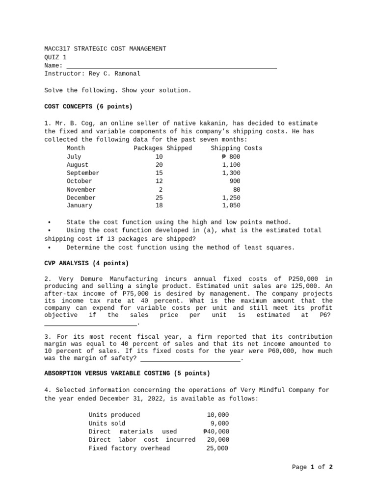 Strategic Cost Management Quiz 1 | PDF | Hospital | Cost