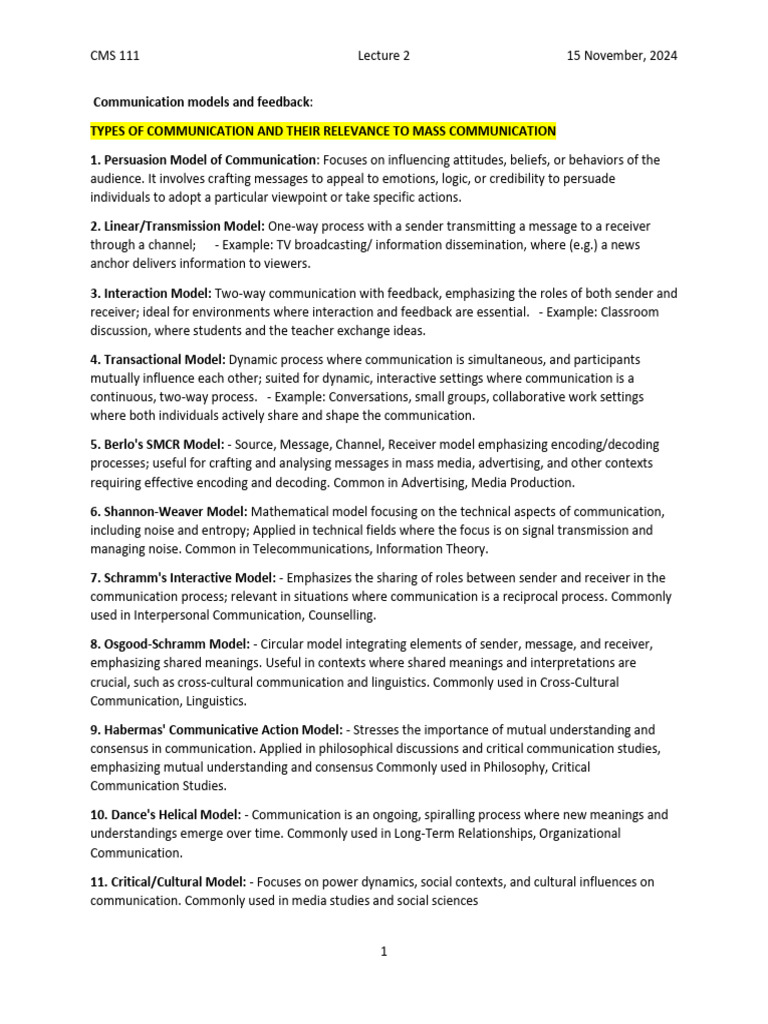 Communication Models for Media Studies | PDF | Communication | Social ...