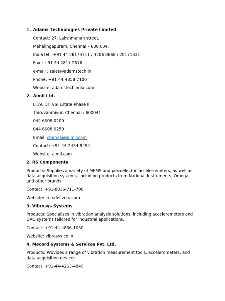 List of Suppliers For Accelerometers & DAQ | PDF