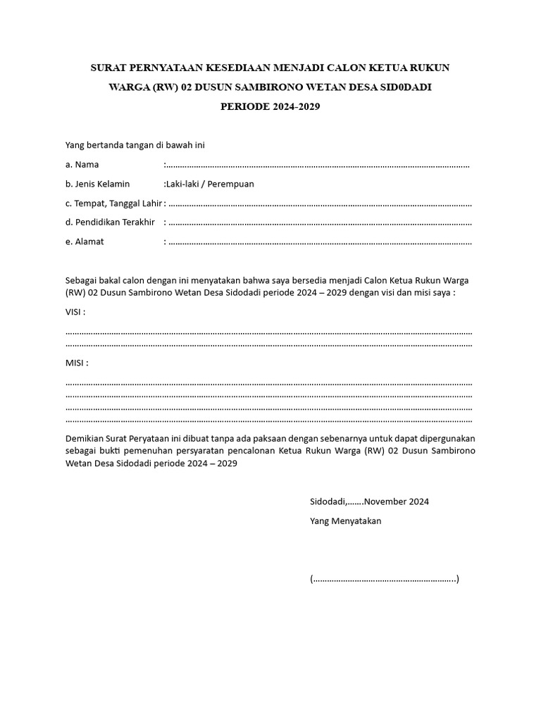Surat Pernyataan Calon Ketua RW 2024-2029 | PDF