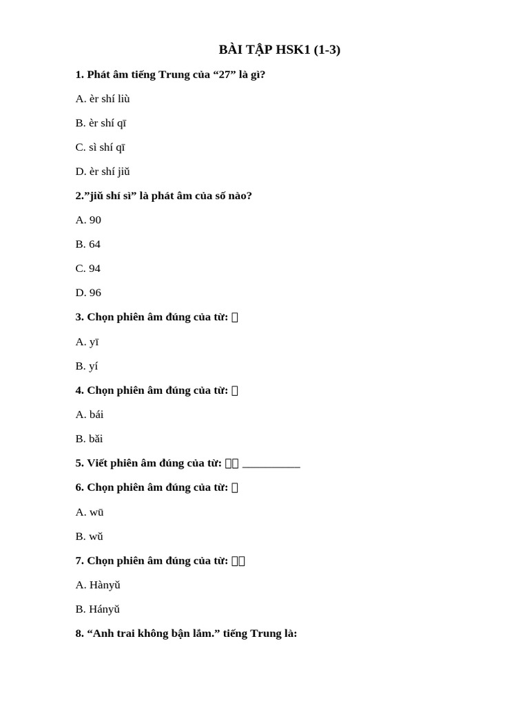 Bã I Táº P Hsk1 1 3 Pdf