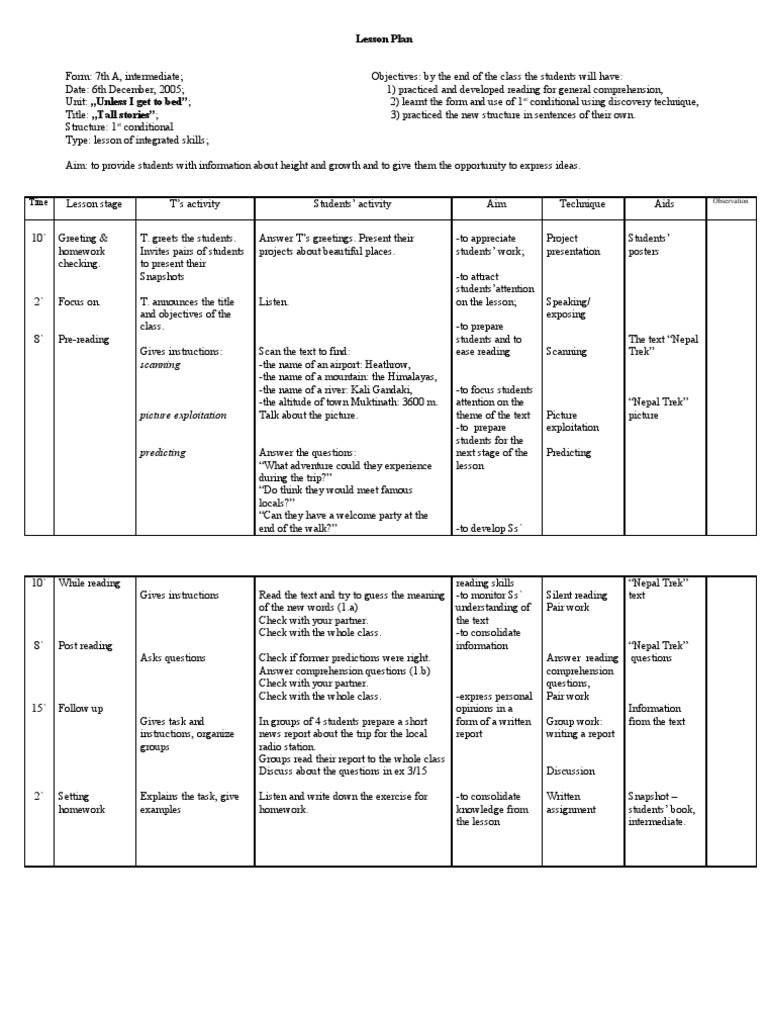 7th Grade Lesson Plan: 1st Conditional | PDF | Reading Comprehension ...