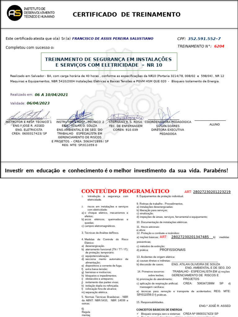 Certificação NR 10 em Segurança Elétrica | PDF | Eletricidade ...
