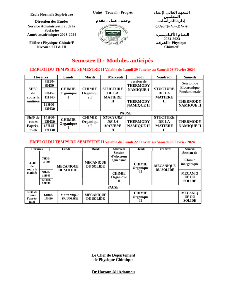 Emploi du temps Semestre II 2024 | PDF | Sciences physiques | Chimie