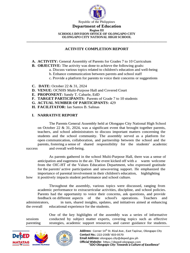 Olongapo City Parents Assembly Report | PDF | Cognition | Learning