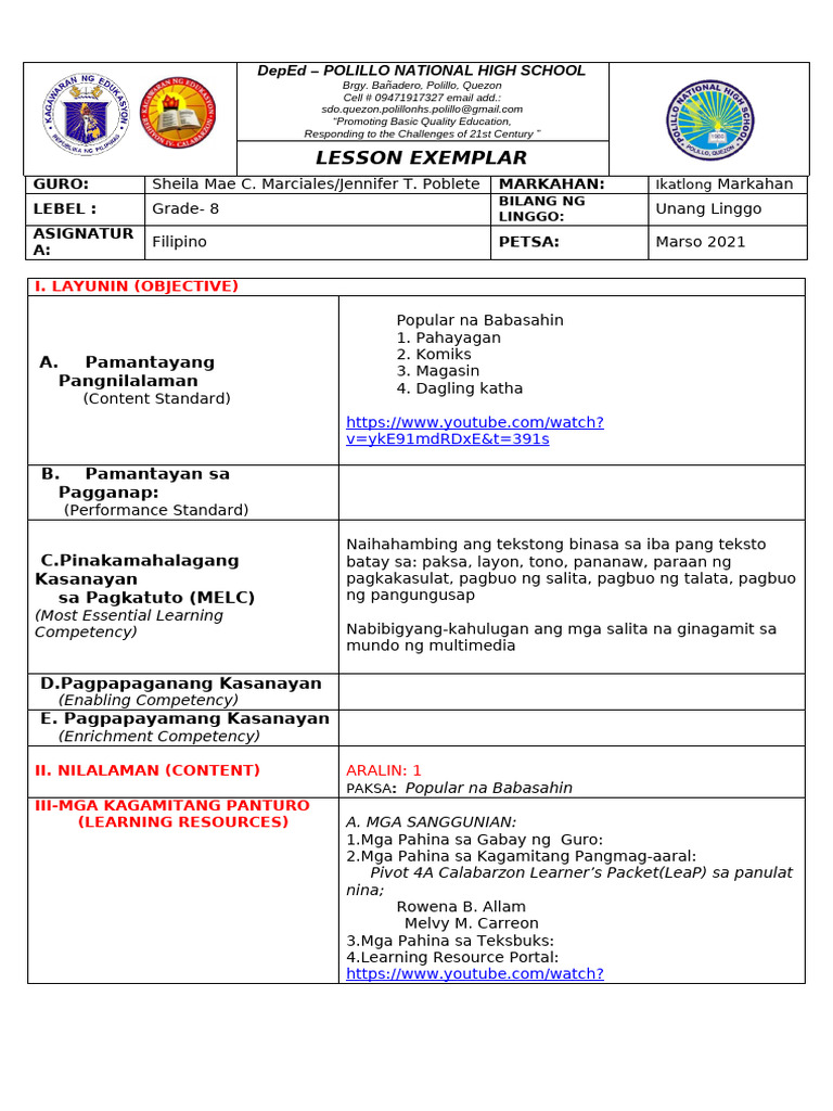 G 8 FILIPINO IDEA EXEMPLAR 3rd Grading Week 1 | PDF