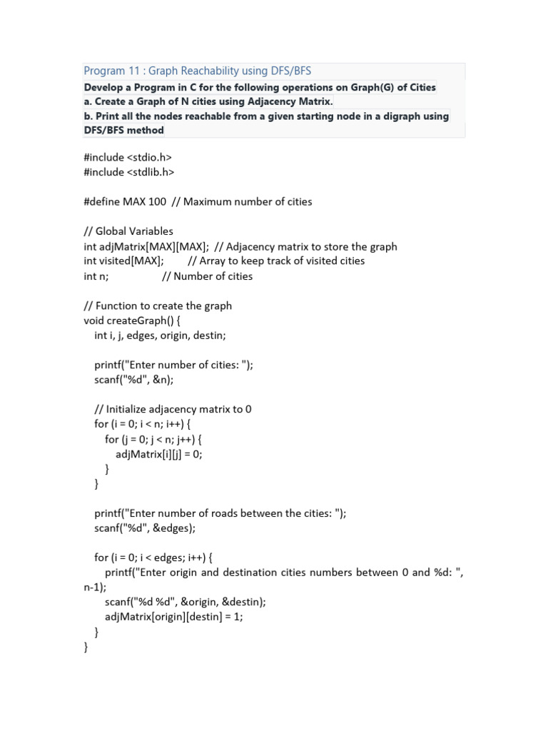 Graph Reachability in C: DFS/BFS | PDF