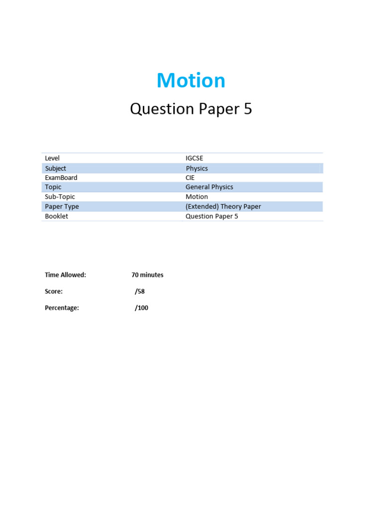 IGCSE Physics Paper 5: Motion Exam | PDF | Force | Acceleration