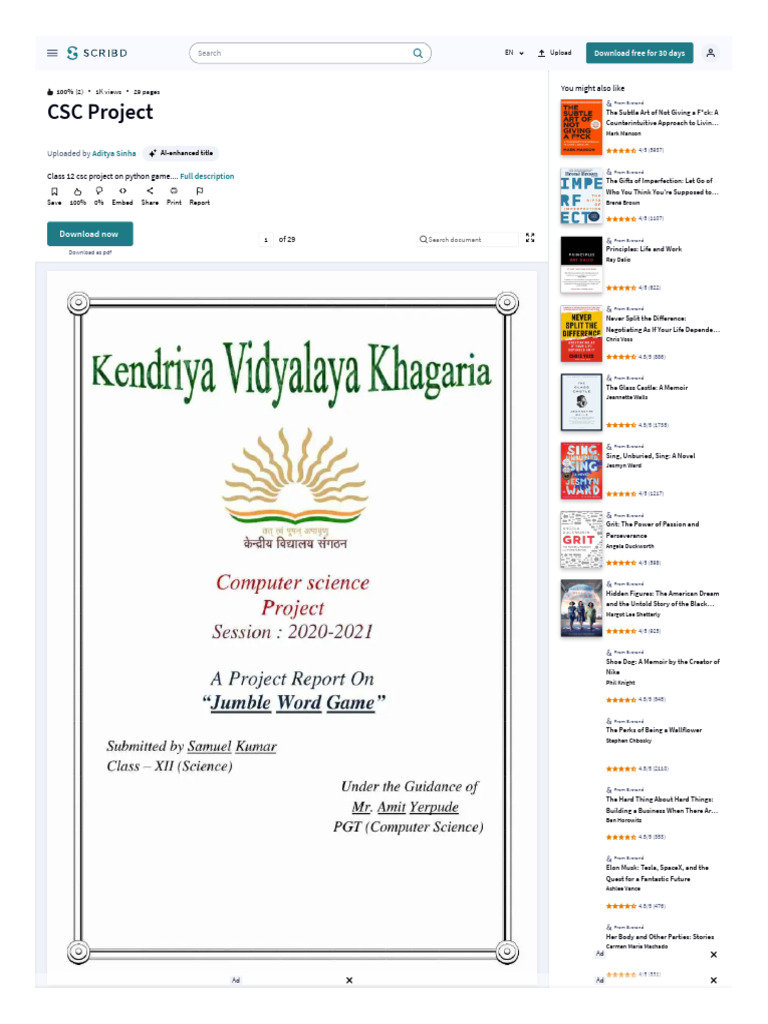 Class 12 Python Game Project Guide | PDF | American Literature