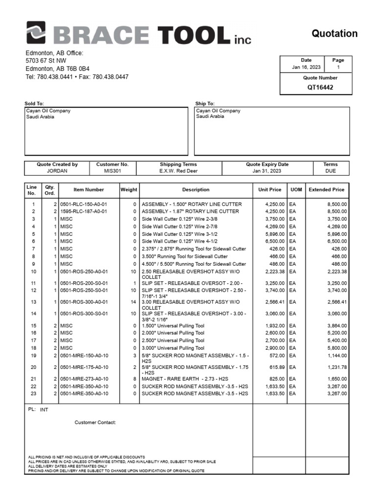 Oil company quotation document