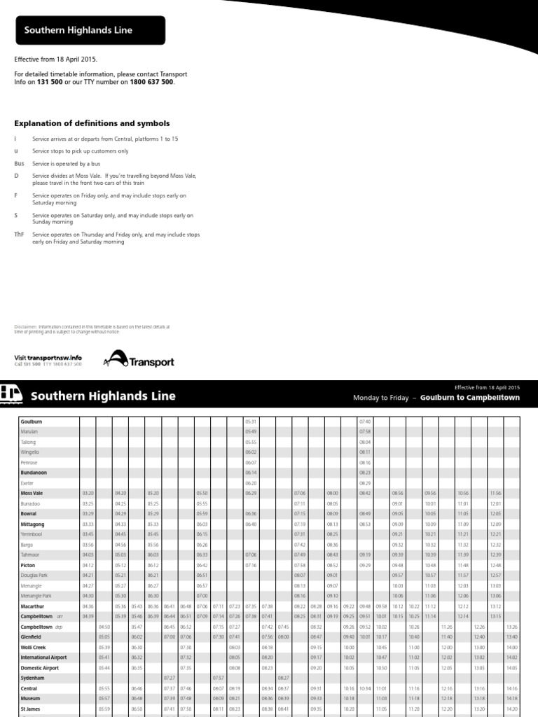 Southern Highlands Line Timetable | PDF | Transport