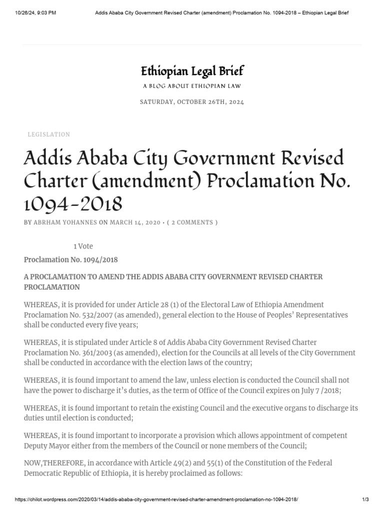 Addis ababa city government revised charter amendment proclamation no