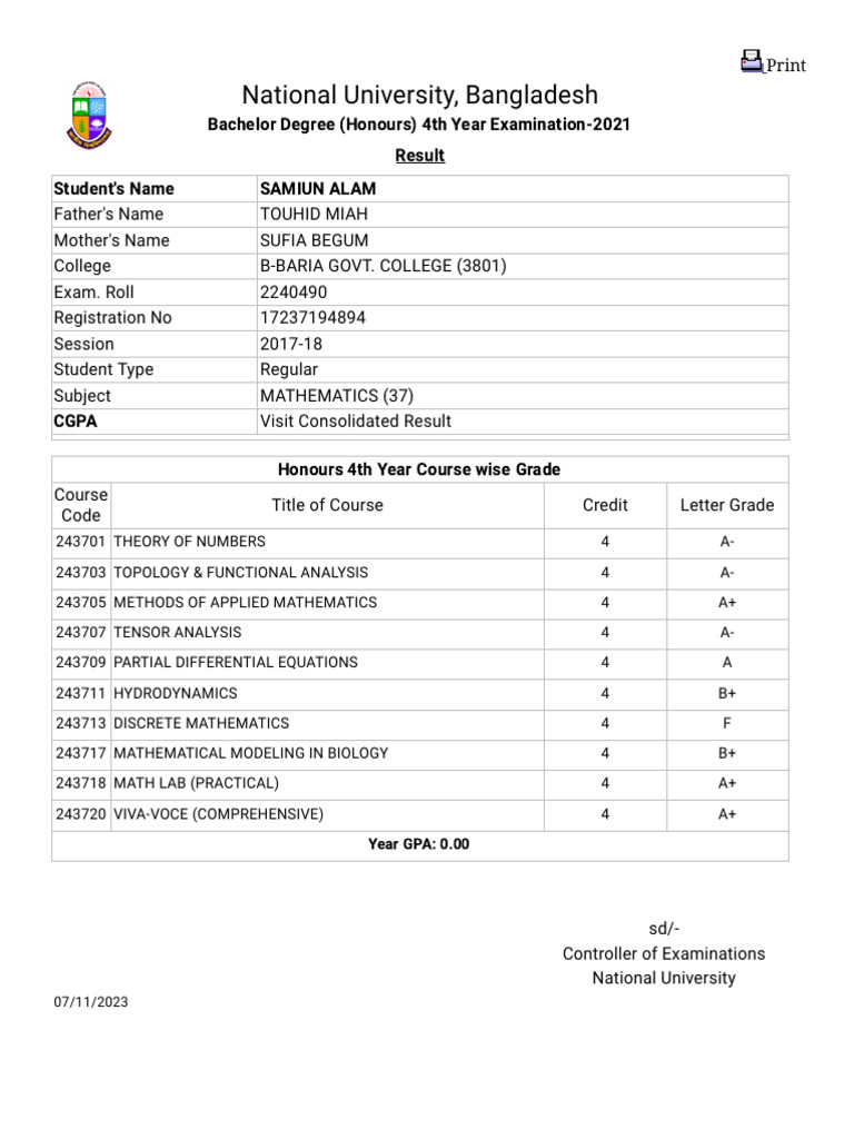 Honours 4th Year Result 2021 - SAMIUN ALAM | PDF