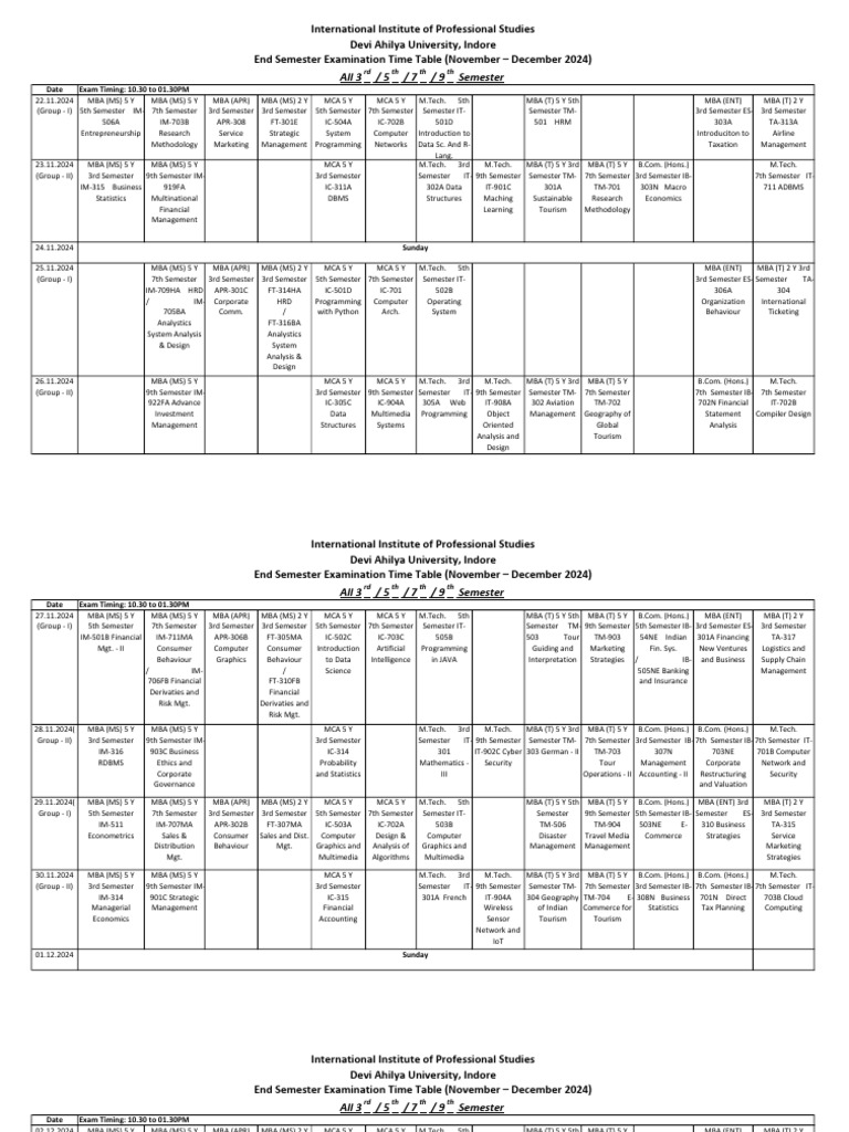 End Semester Exam Schedule 2024 | PDF | Master Of Business ...