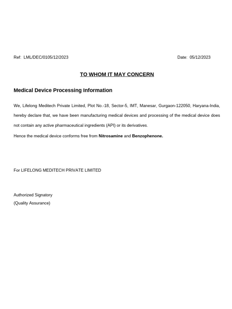Lifelong Meditech Nitrosamine Declaration | PDF