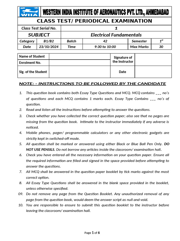 Electrical Fundamentals Class Test Guide | PDF | Electrical Resistance ...