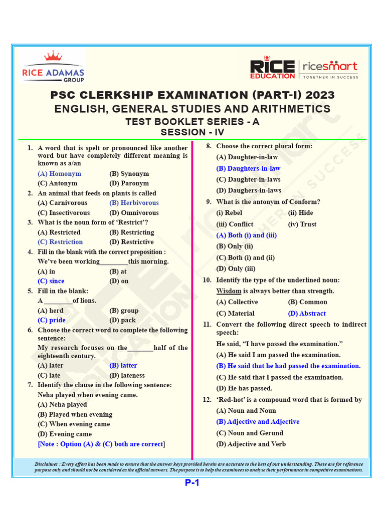 PSC CLerkship 2023 Preli Part I Session IV Booklet A Answers | PDF