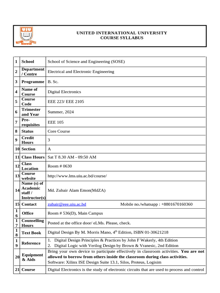 Course Syllabus - EEE223 - 242 - MdZA | PDF | Digital Electronics ...