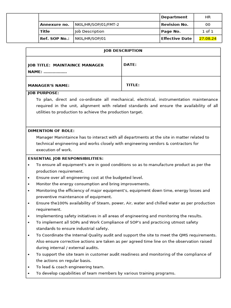 JD - Maintaince Manager | PDF | Audit | Engineering