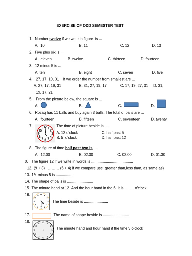 Odd Semester Test: Math Exercises | PDF
