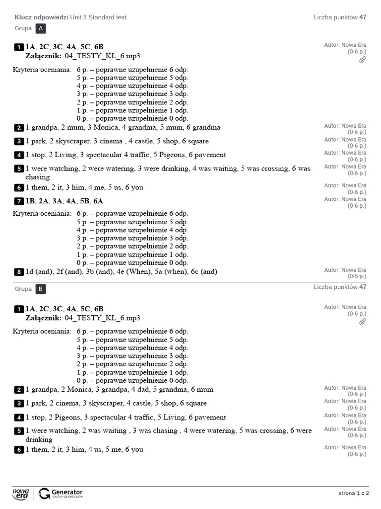 1A 2C 3C 4A 5C 6B Załącznik:: Unit 3 Standard Test Liczba Punktów | PDF