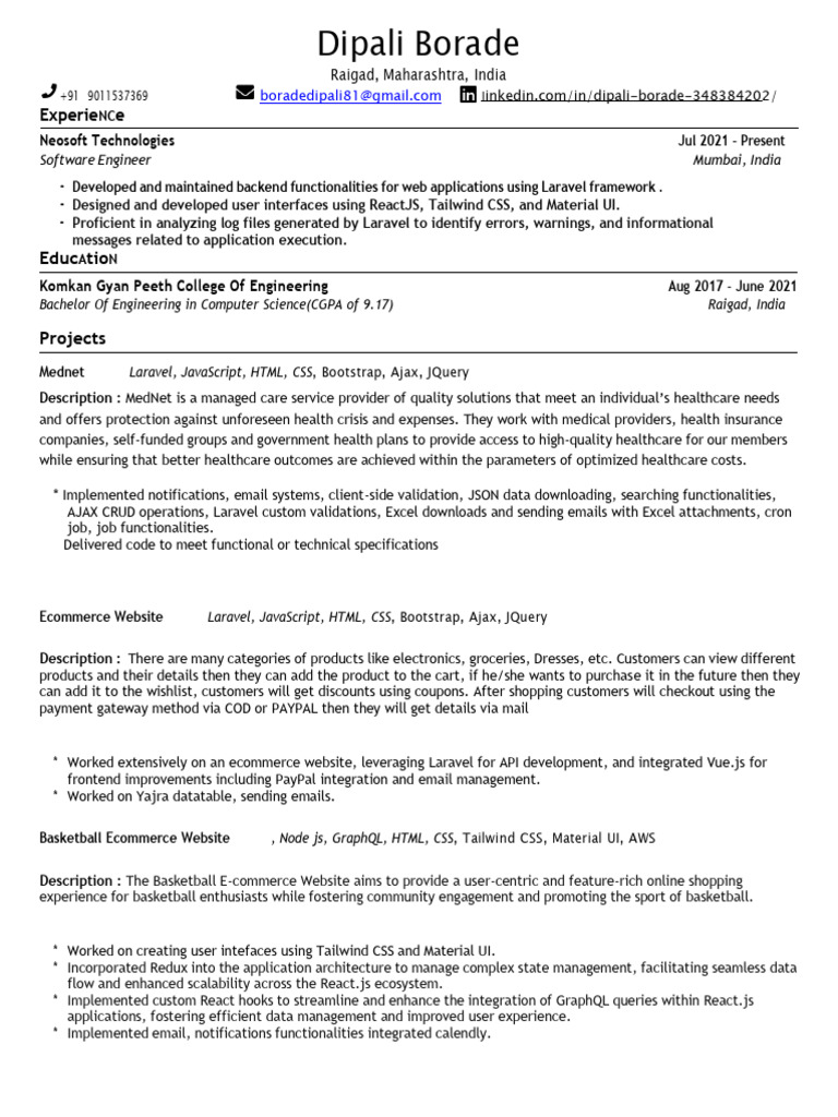 DipaliResume | PDF | Computing | Software Engineering
