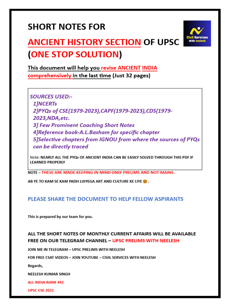UPSC Ancient History Short Notes | PDF | Science & Mathematics